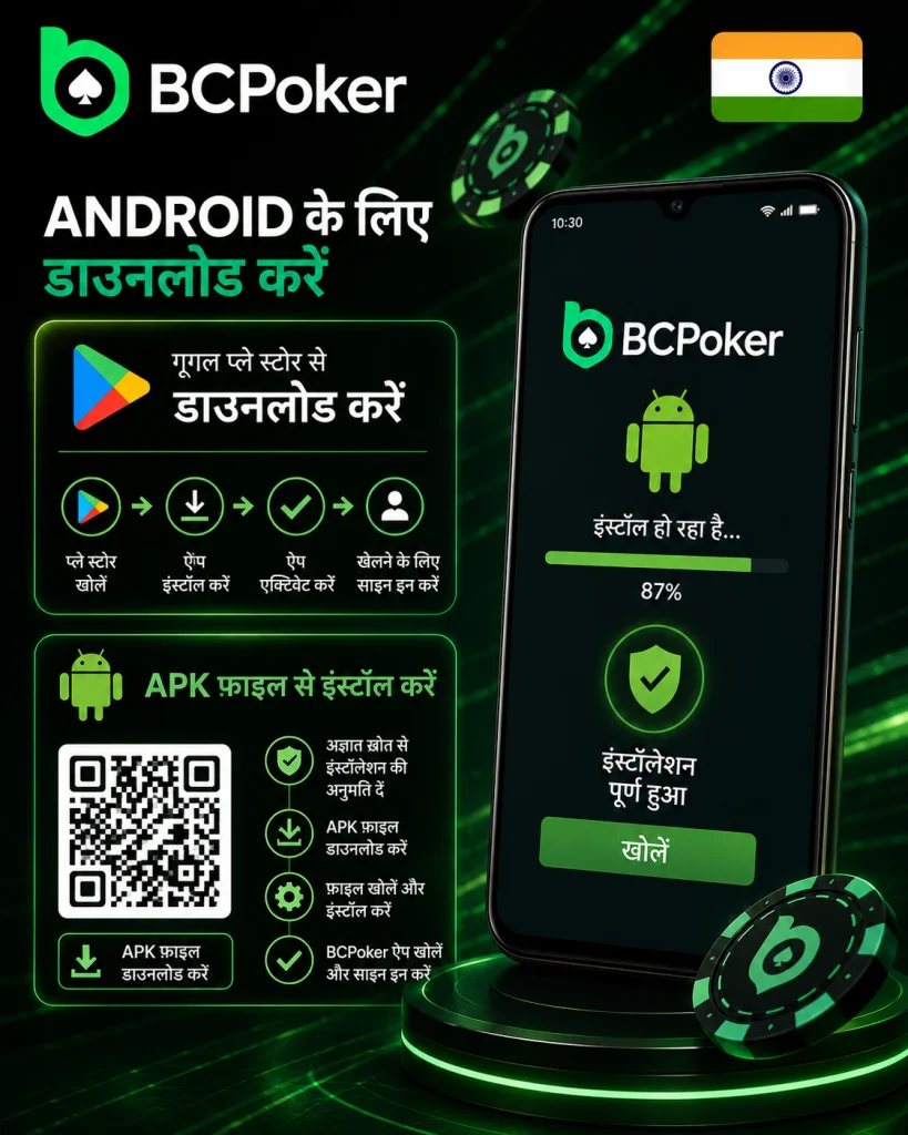 Google Play, APK इंस्टॉलेशन, QR कोड और Android स्मार्टफोन के साथ BCPoker ऐप डाउनलोड गाइड।