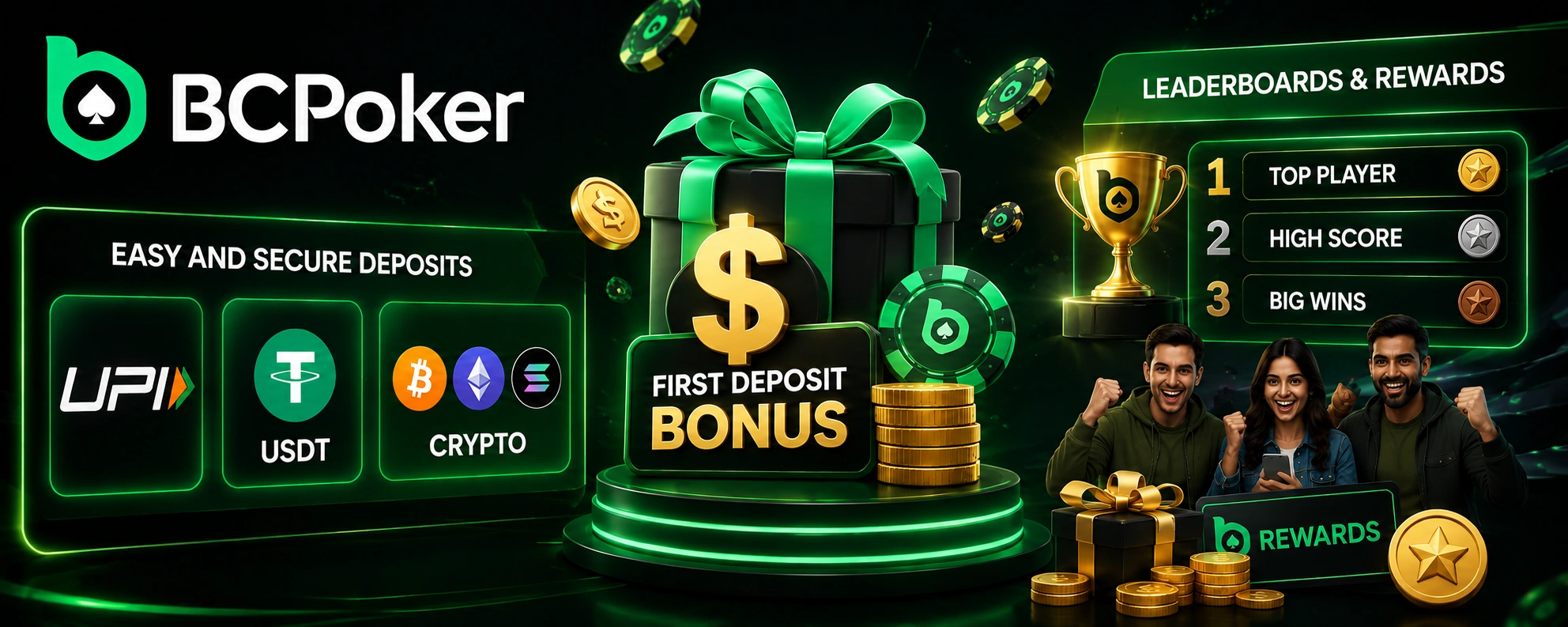 BCPoker first deposit bonus with UPI, USDT and crypto payment options, leaderboards, trophies and player rewards.