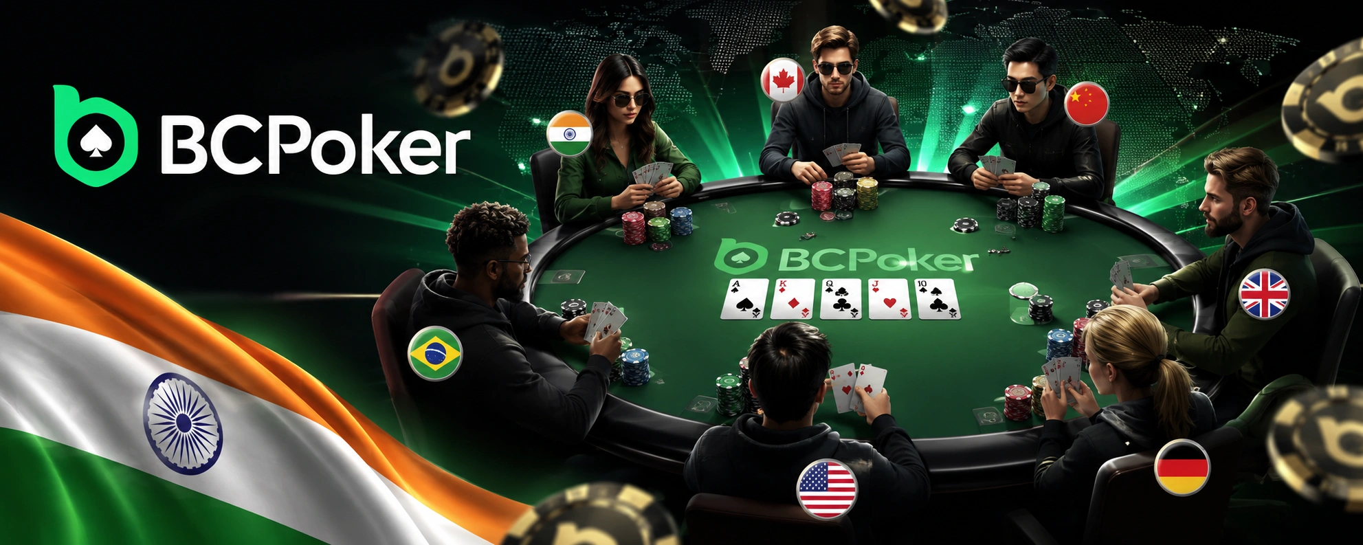 BCPoker real money poker table with international players, Indian flag, poker cards and chips, representing global competition.