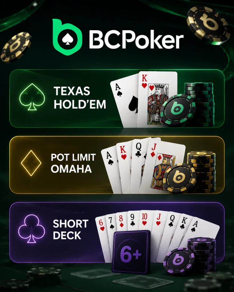 BCPoker poker variants featuring Texas Hold’em, Pot Limit Omaha and Short Deck with playing cards, poker chips and distinct game formats.