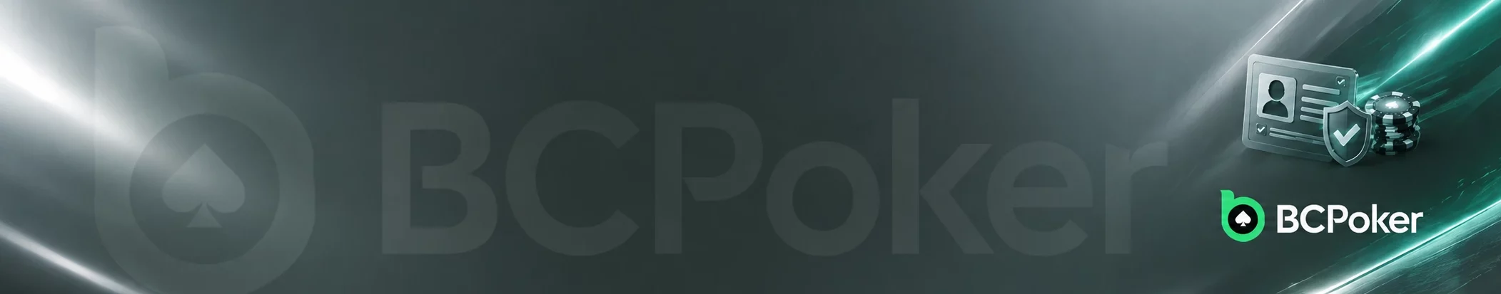 BCPoker KYC पॉलिसी बैनर जिसमें सत्यापित पहचान पत्र, सुरक्षा कवच और चेकमार्क को मेटैलिक हरे बैकग्राउंड पर दिखाया गया है।
