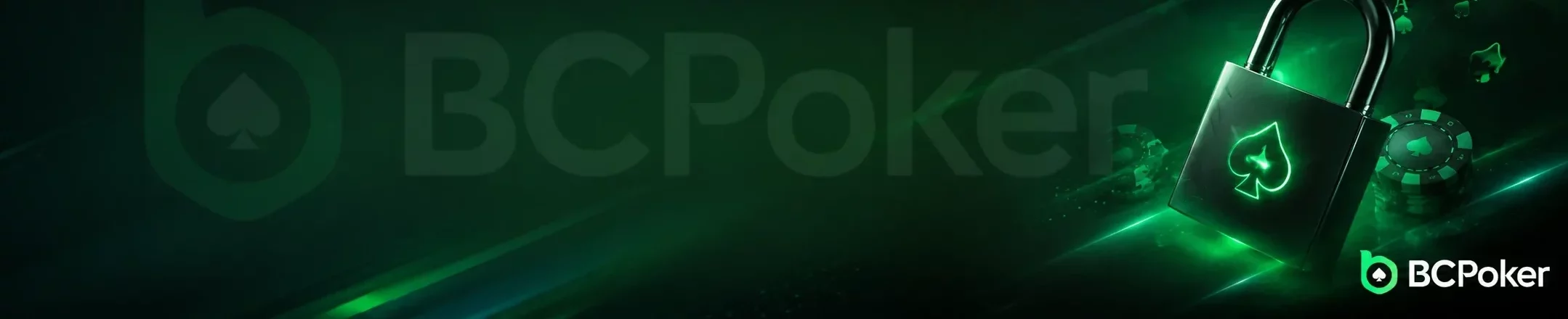 BCPoker लॉगिन पेज बैनर जिसमें चमकता हुआ पैडलॉक, पोकर चिप्स और गहरे हरे कैसीनो बैकग्राउंड पर कार्ड दिखाए गए हैं।